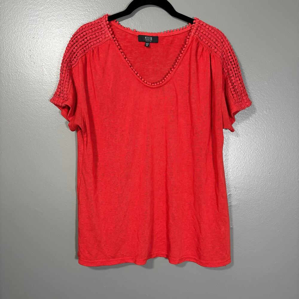 Modern Canvas Women's Orange Boho Knit Top - Size XL - Crochet Lace Shoulders